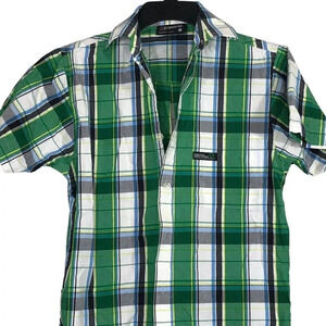 SouthPole Button Up Shirt Boys Size S Green White Plaid Short Sleeve